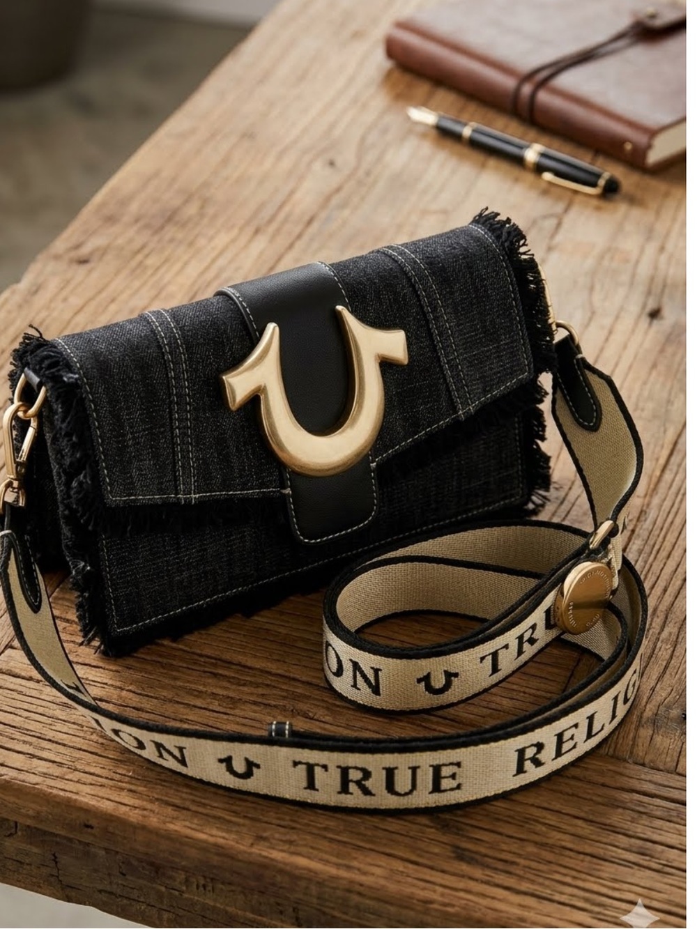 True Religion New Black Denim Flap Crossbody Bag Gold Horseshoe Frayed Fringe